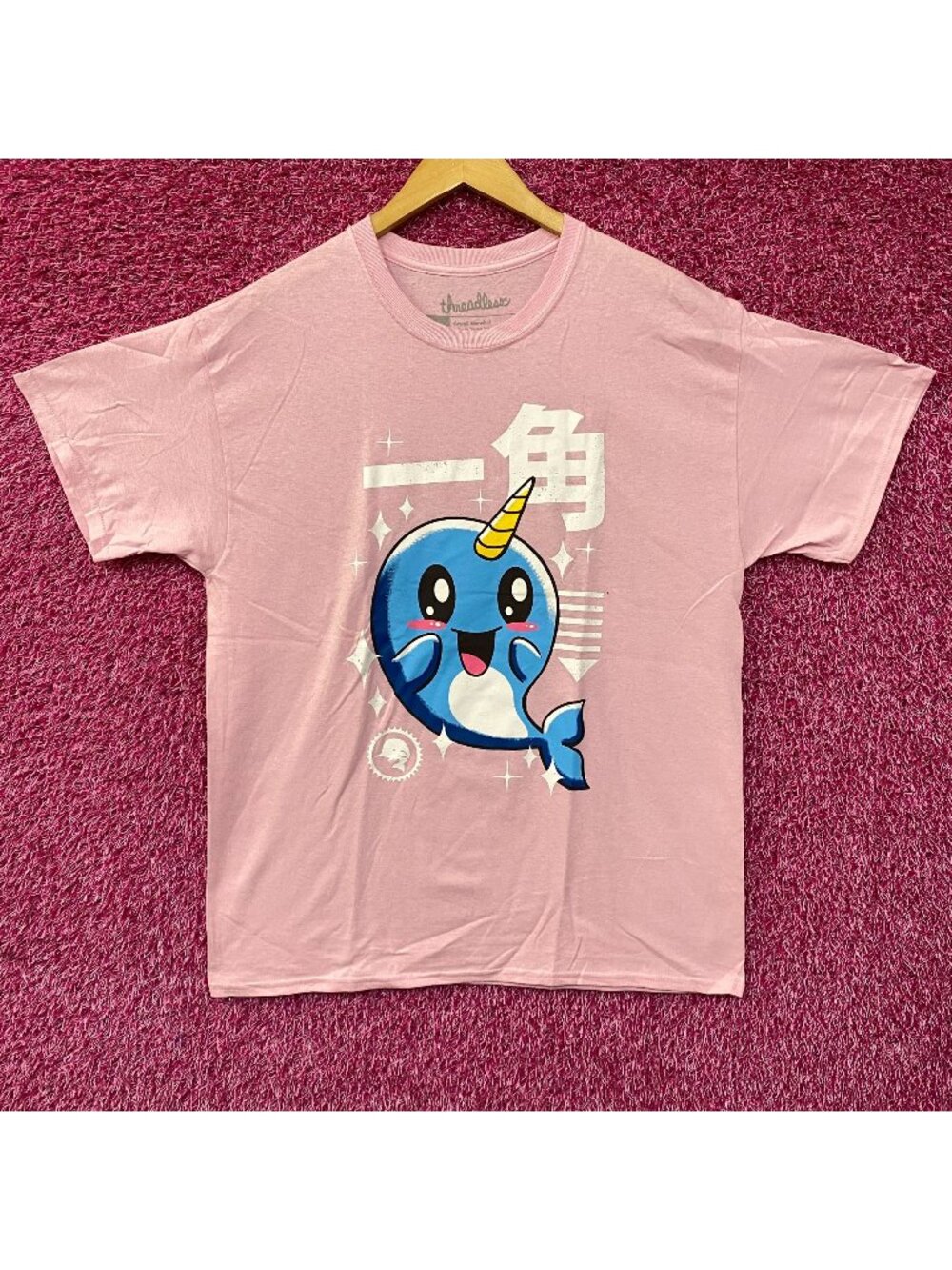 Kawaii Narwhal - Kaku "Horn" - Cute Graphic Pink T-Shirt Large